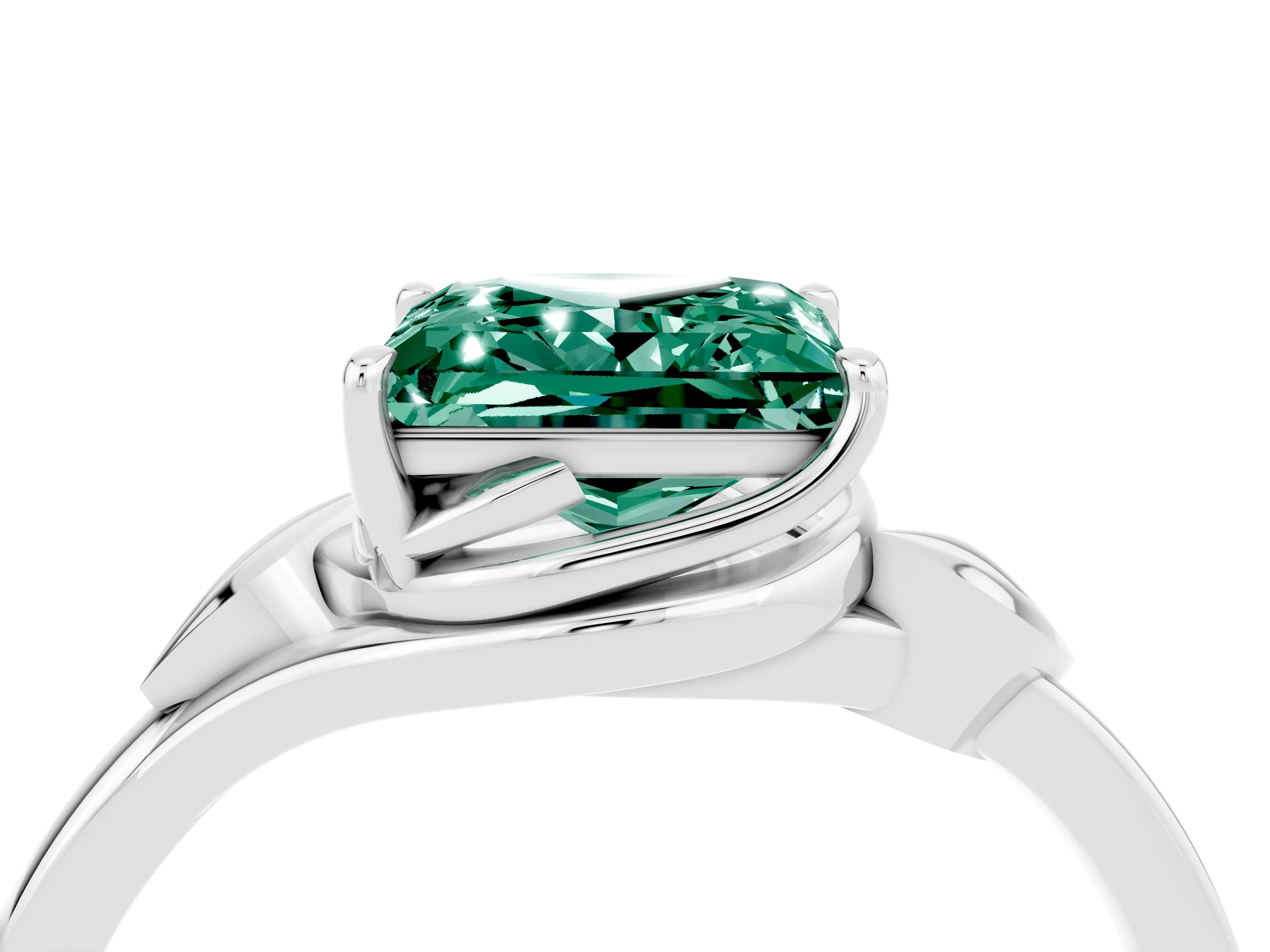 White gold Princess Cut Green Sapphire Solitaire Ring with Twist Band and Four-Prong Setting_16