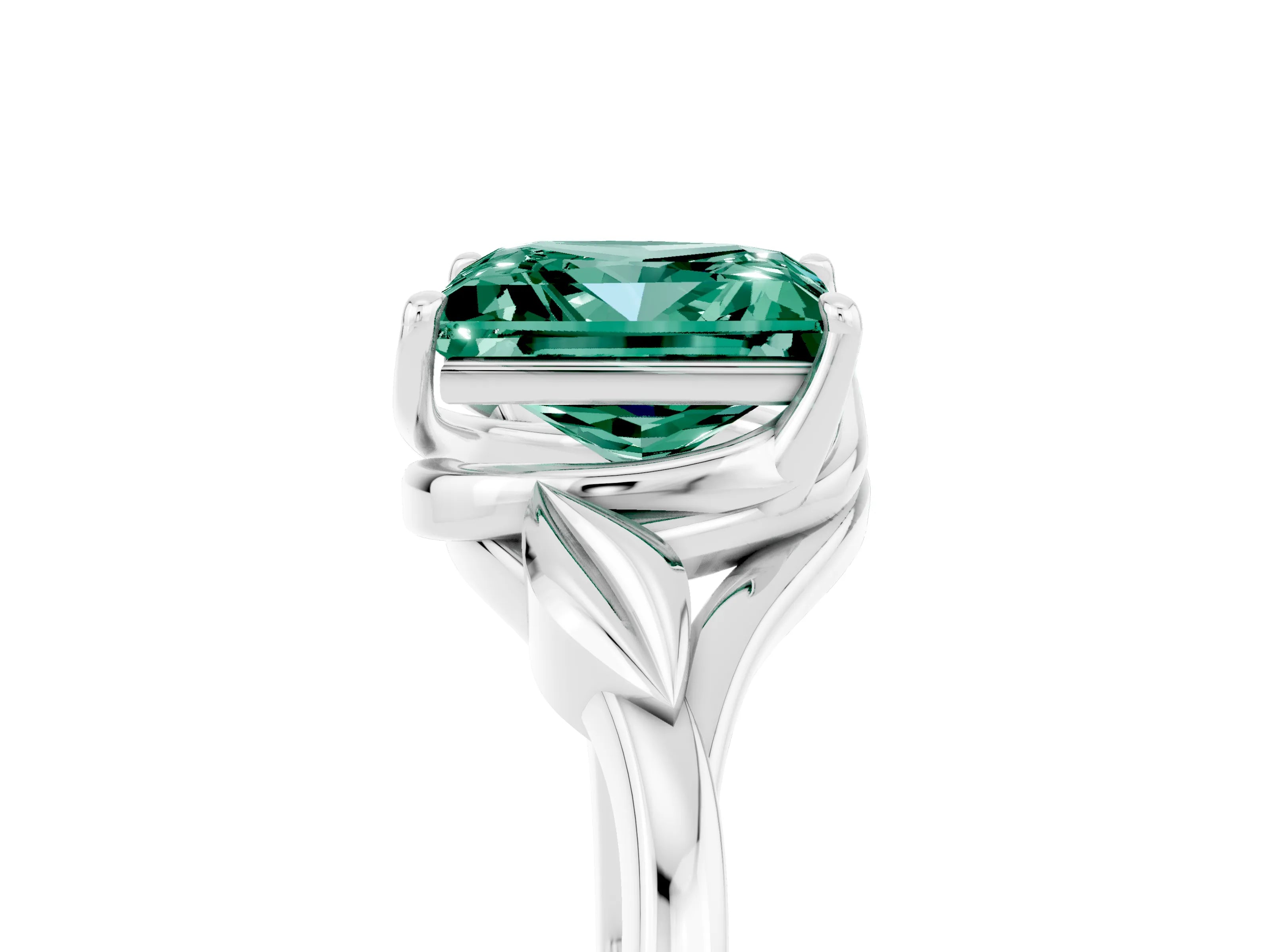 White gold Princess Cut Green Sapphire Solitaire Ring with Twist Band and Four-Prong Setting_17