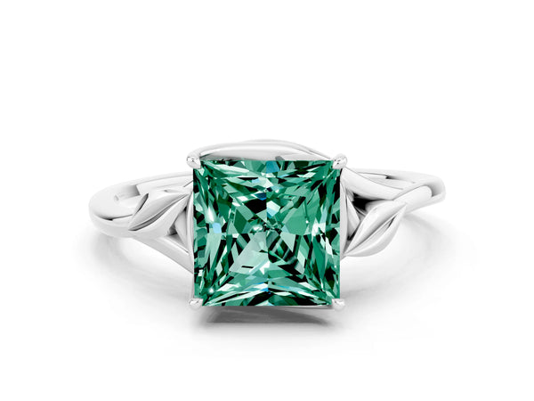 White gold Princess Cut Green Sapphire Solitaire Ring with Twist Band and Four-Prong Setting