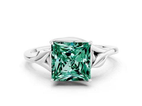 White gold Princess Cut Green Sapphire Solitaire Ring with Twist Band and Four-Prong Setting_36