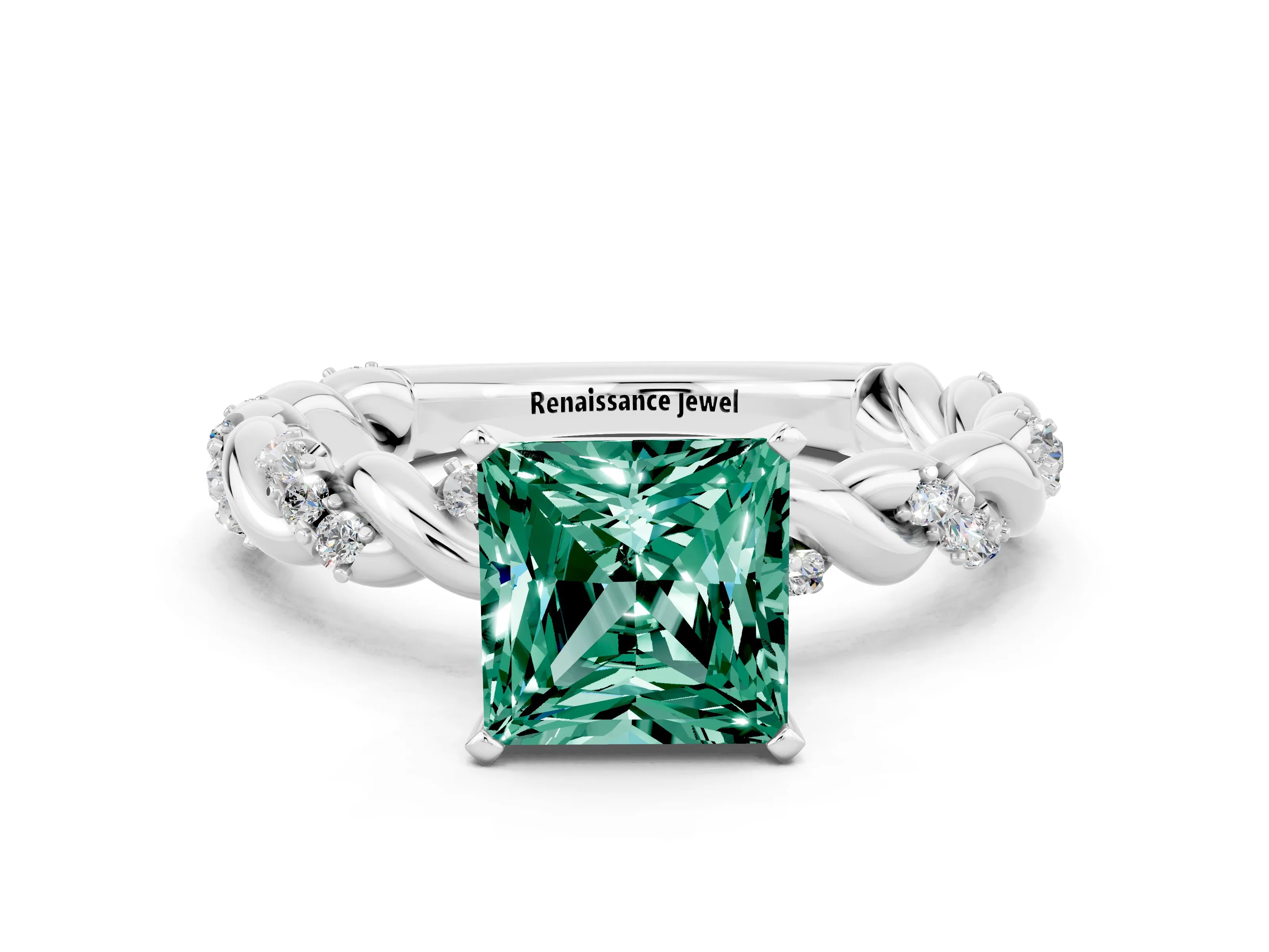 White gold Princess Cut Green Sapphire Solitaire Ring with Twisted Band and Pavé Accents