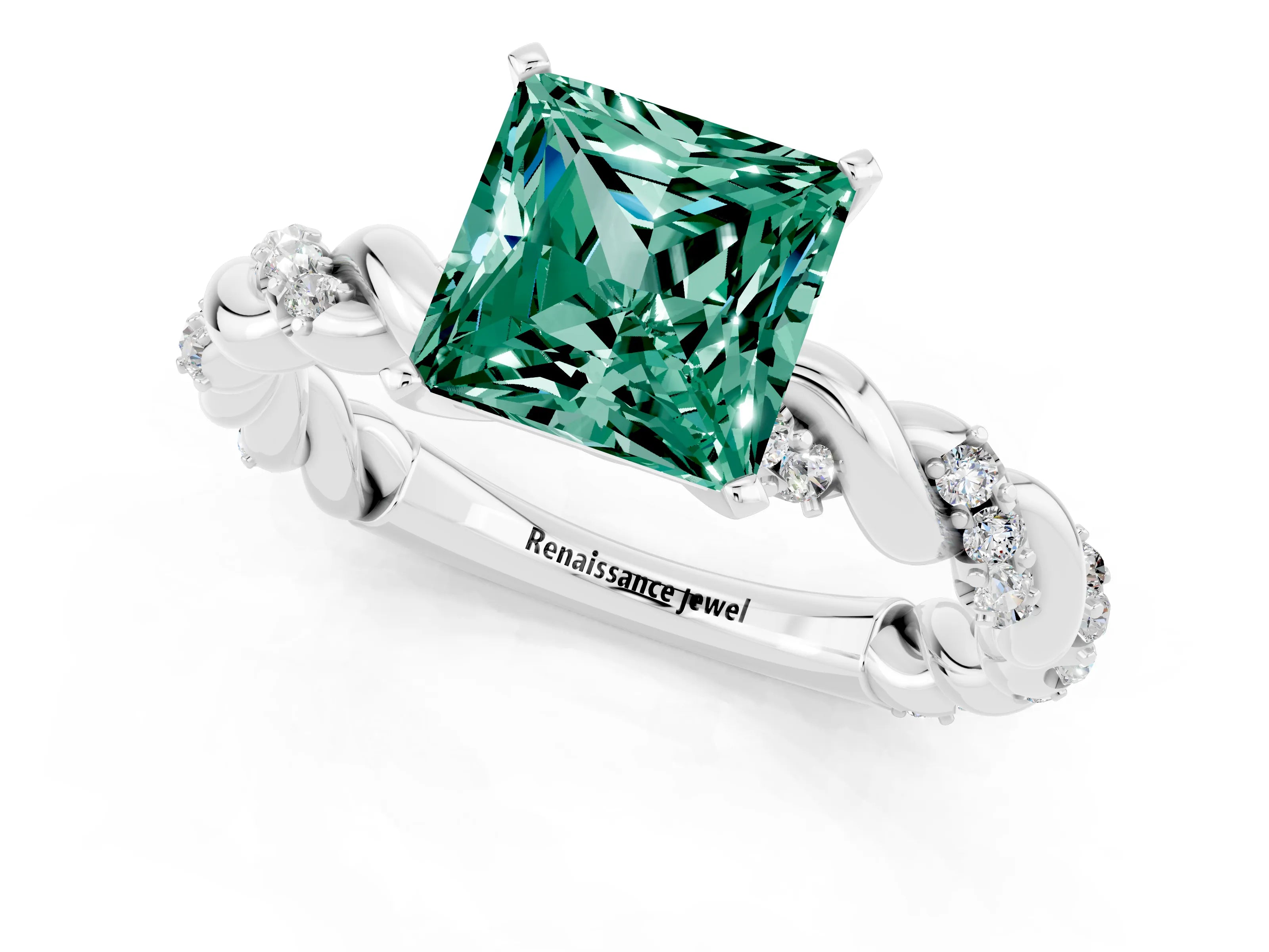 White gold Princess Cut Green Sapphire Solitaire Ring with Twisted Band and Pavé Accents_1