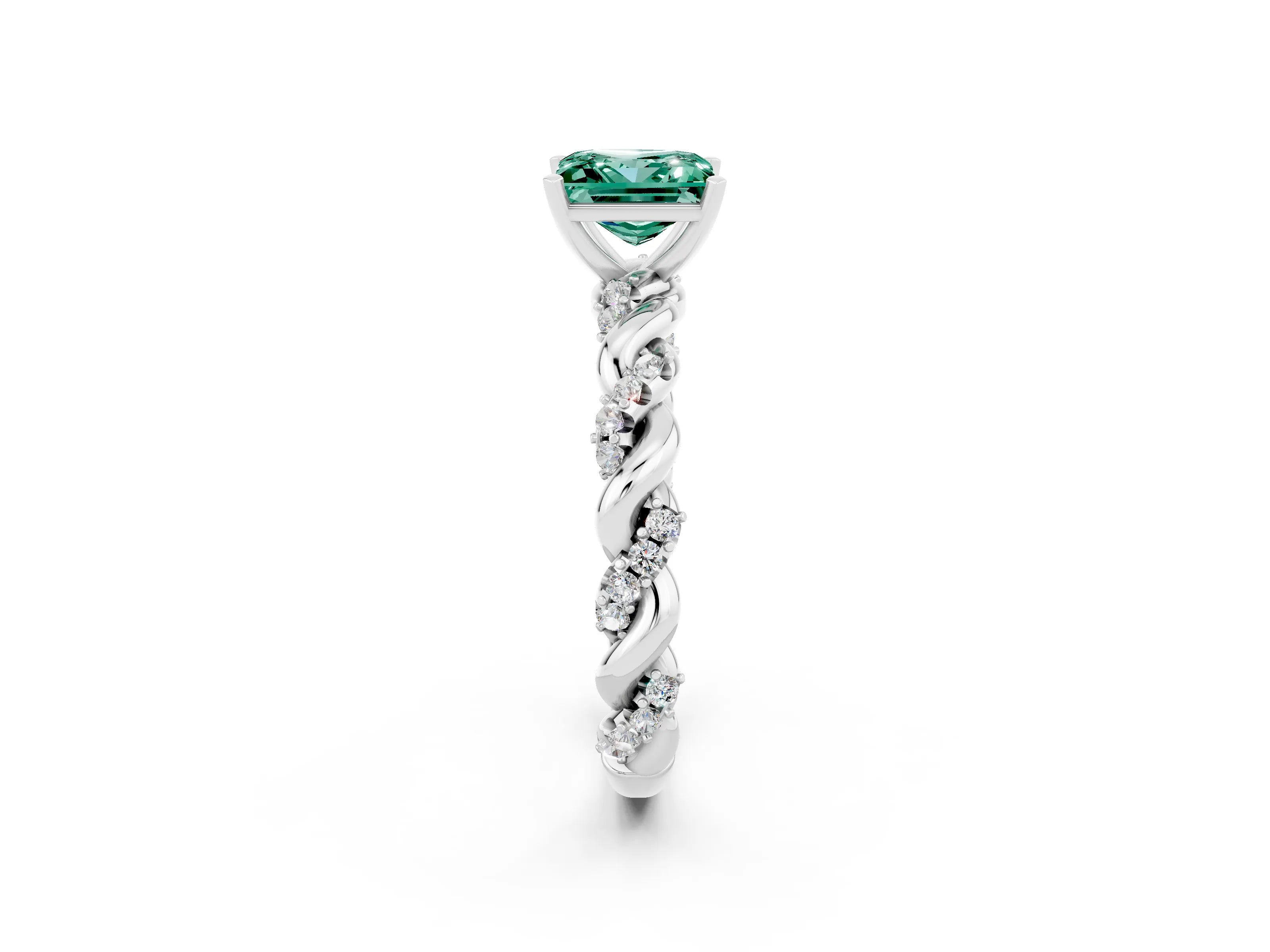 White gold Princess Cut Green Sapphire Solitaire Ring with Twisted Band and Pavé Accents_2