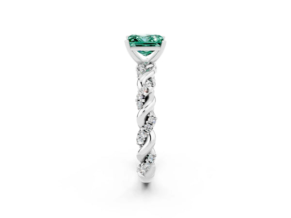 White gold Princess Cut Green Sapphire Solitaire Ring with Twisted Band and Pavé Accents
