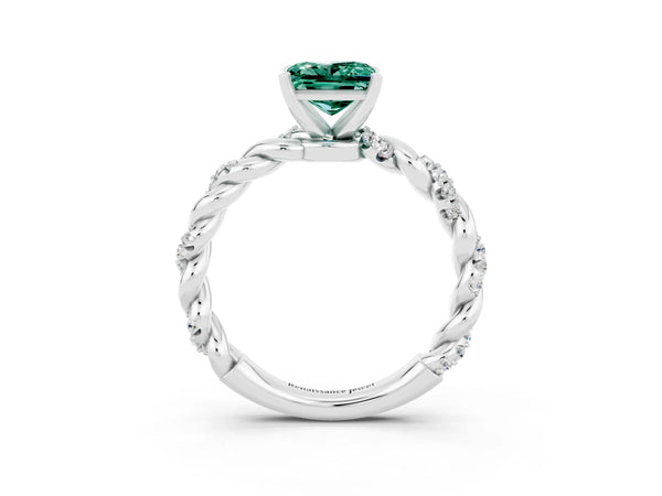 Platinum Princess Cut Green Sapphire Solitaire Ring with Twisted Band and Pavé Accents