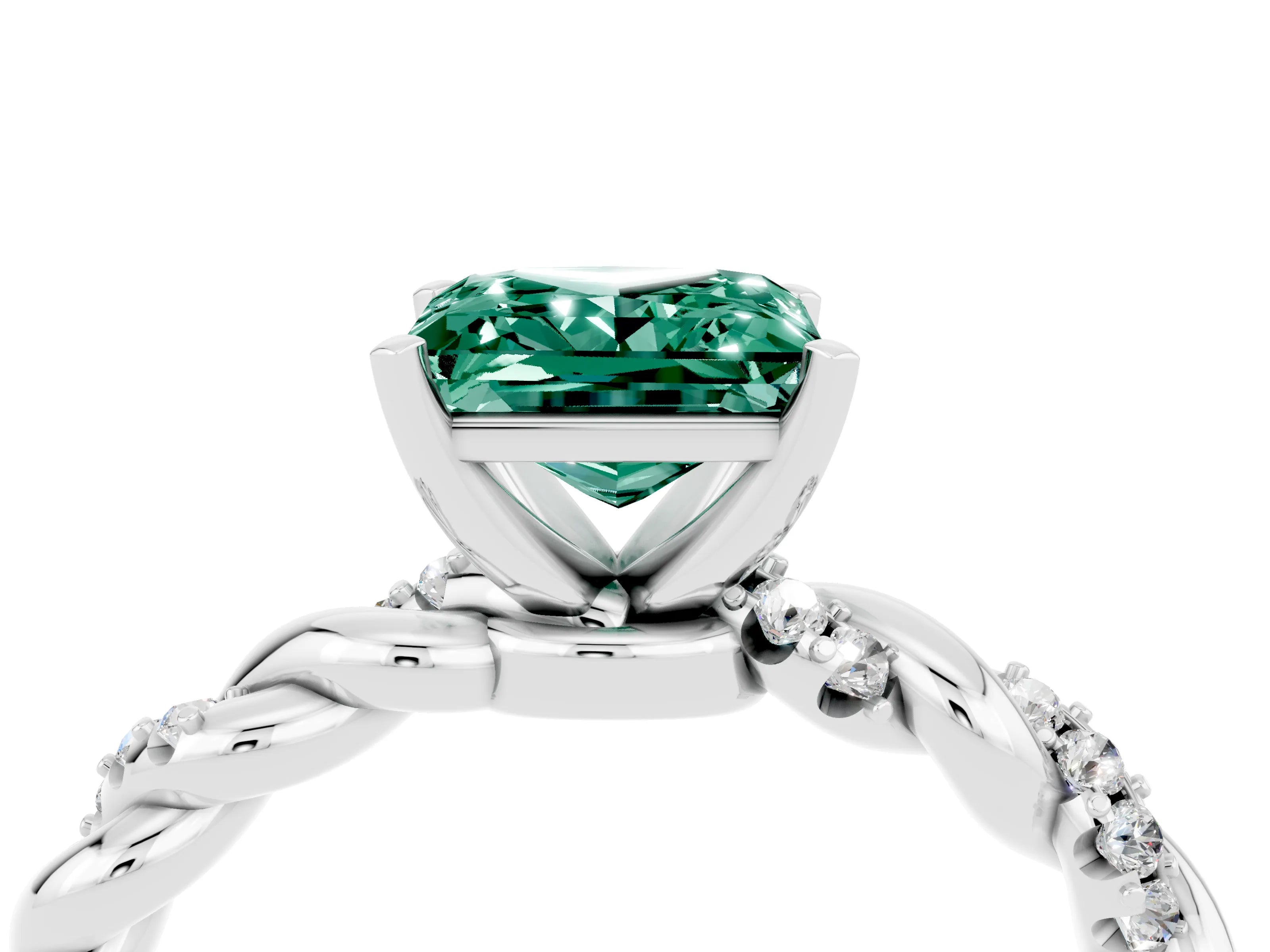 White gold Princess Cut Green Sapphire Solitaire Ring with Twisted Band and Pavé Accents_4