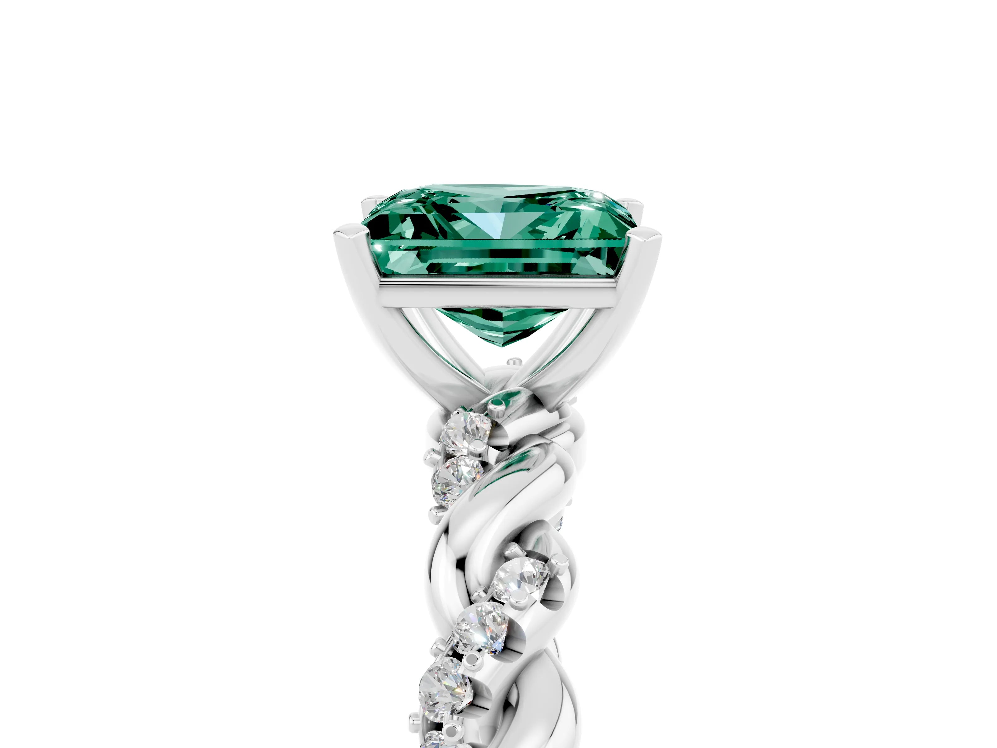 White gold Princess Cut Green Sapphire Solitaire Ring with Twisted Band and Pavé Accents_5
