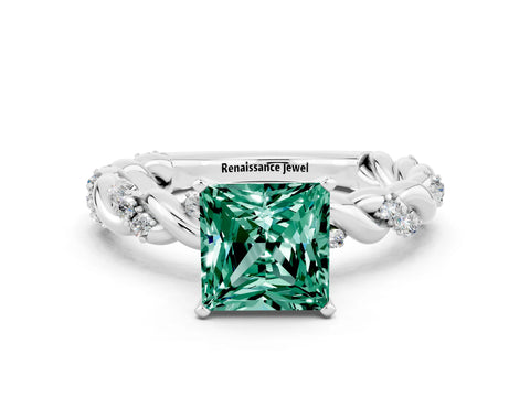White gold Princess Cut Green Sapphire Solitaire Ring with Twisted Band and Pavé Accents