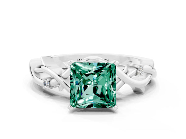 White gold Princess Cut Green Sapphire Solitaire Ring with Twisted Band and Prong Setting