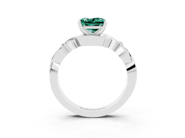 White gold Princess Cut Green Sapphire Solitaire Ring with Twisted Band and Prong Setting