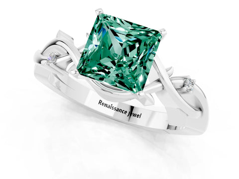 White gold Princess Cut Green Sapphire Solitaire Ring with Twisted Band and Prong Setting_1