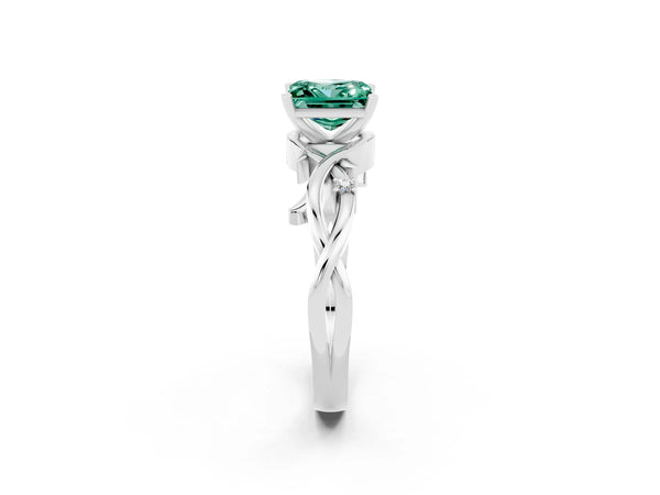 Platinum Princess Cut Green Sapphire Solitaire Ring with Twisted Band and Prong Setting