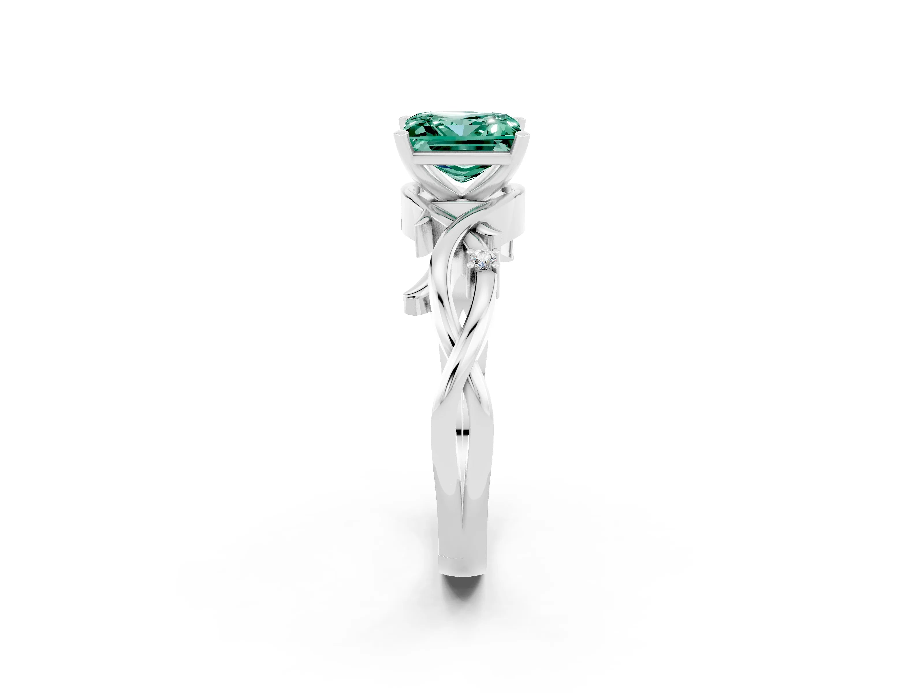 White gold Princess Cut Green Sapphire Solitaire Ring with Twisted Band and Prong Setting_2