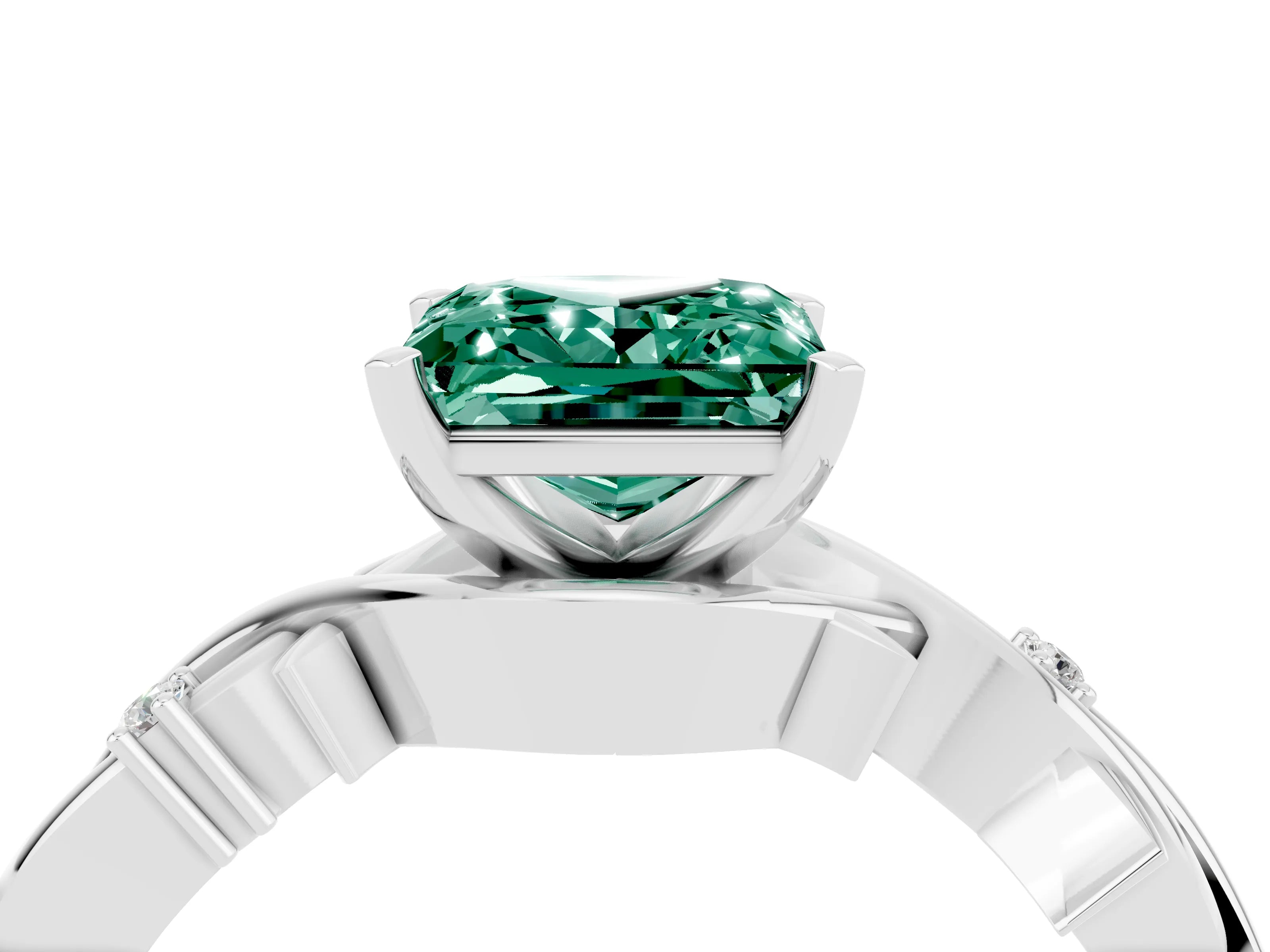 White gold Princess Cut Green Sapphire Solitaire Ring with Twisted Band and Prong Setting_4