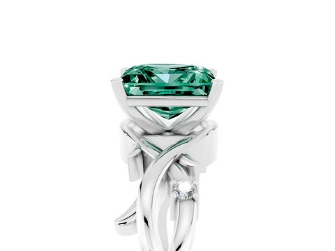 White gold Princess Cut Green Sapphire Solitaire Ring with Twisted Band and Prong Setting_5