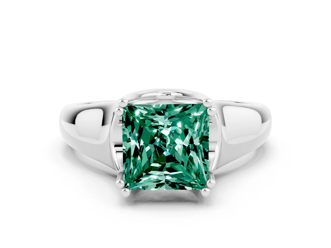 White gold Princess Cut Green Sapphire Solitaire Ring with Wide Band and Prong Setting