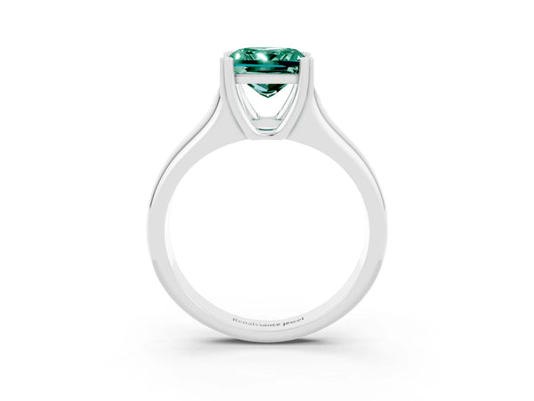 Platinum Princess Cut Green Sapphire Solitaire Ring with Wide Band and Prong Setting