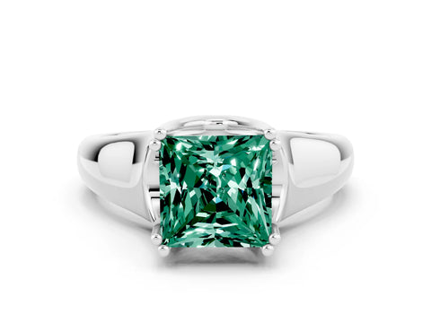 White gold Princess Cut Green Sapphire Solitaire Ring with Wide Band and Prong Setting