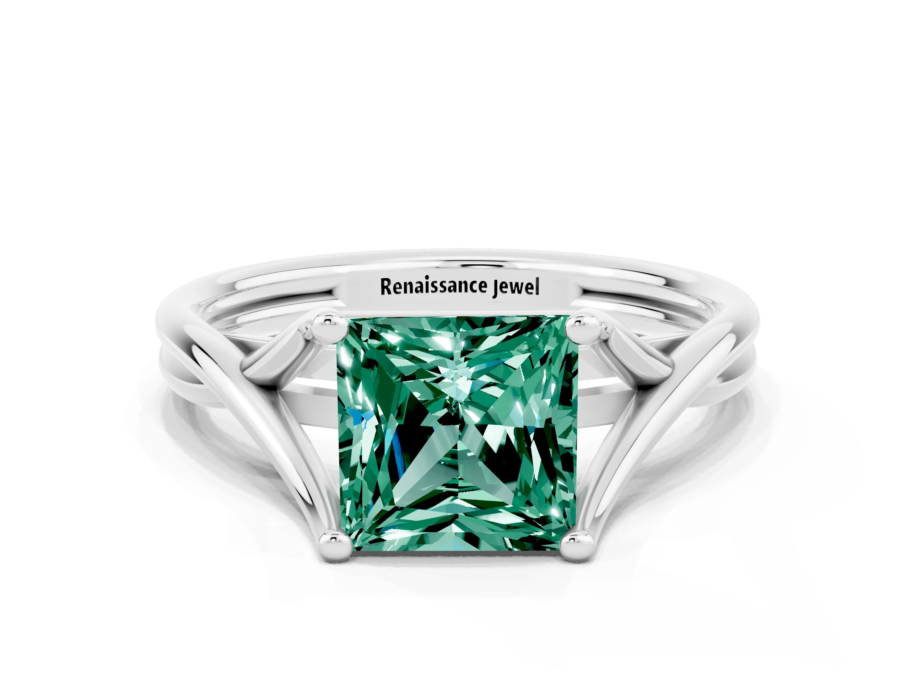 White gold Princess Cut Green Sapphire Solitaire Twist Band Prong Setting Ring_54