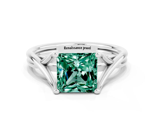 Silver Princess Cut Green Sapphire Solitaire Twist Band Prong Setting Ring
