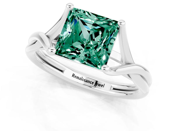 Silver Princess Cut Green Sapphire Solitaire Twist Band Prong Setting Ring