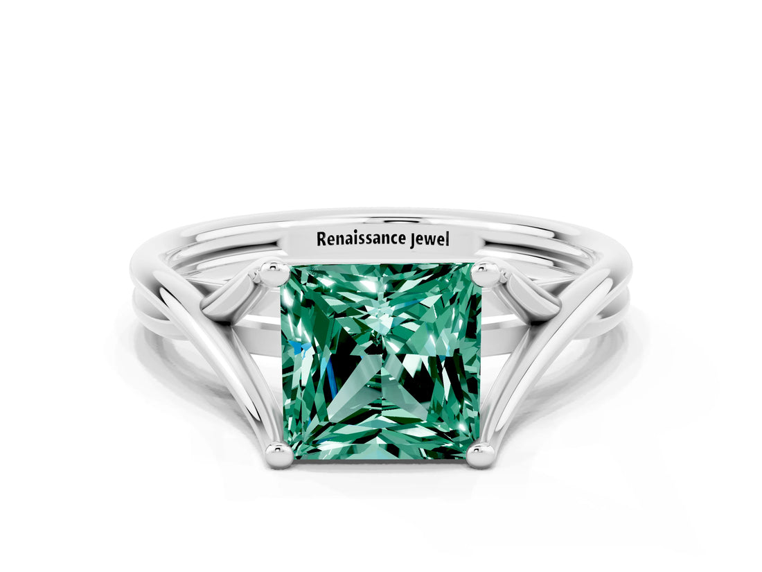 White gold Princess Cut Green Sapphire Solitaire Twist Band Prong Setting Ring_59