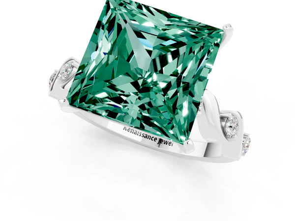 Platinum Princess Cut Green Sapphire Solitaire Twisted Band with Round  Accents and Prong Setting