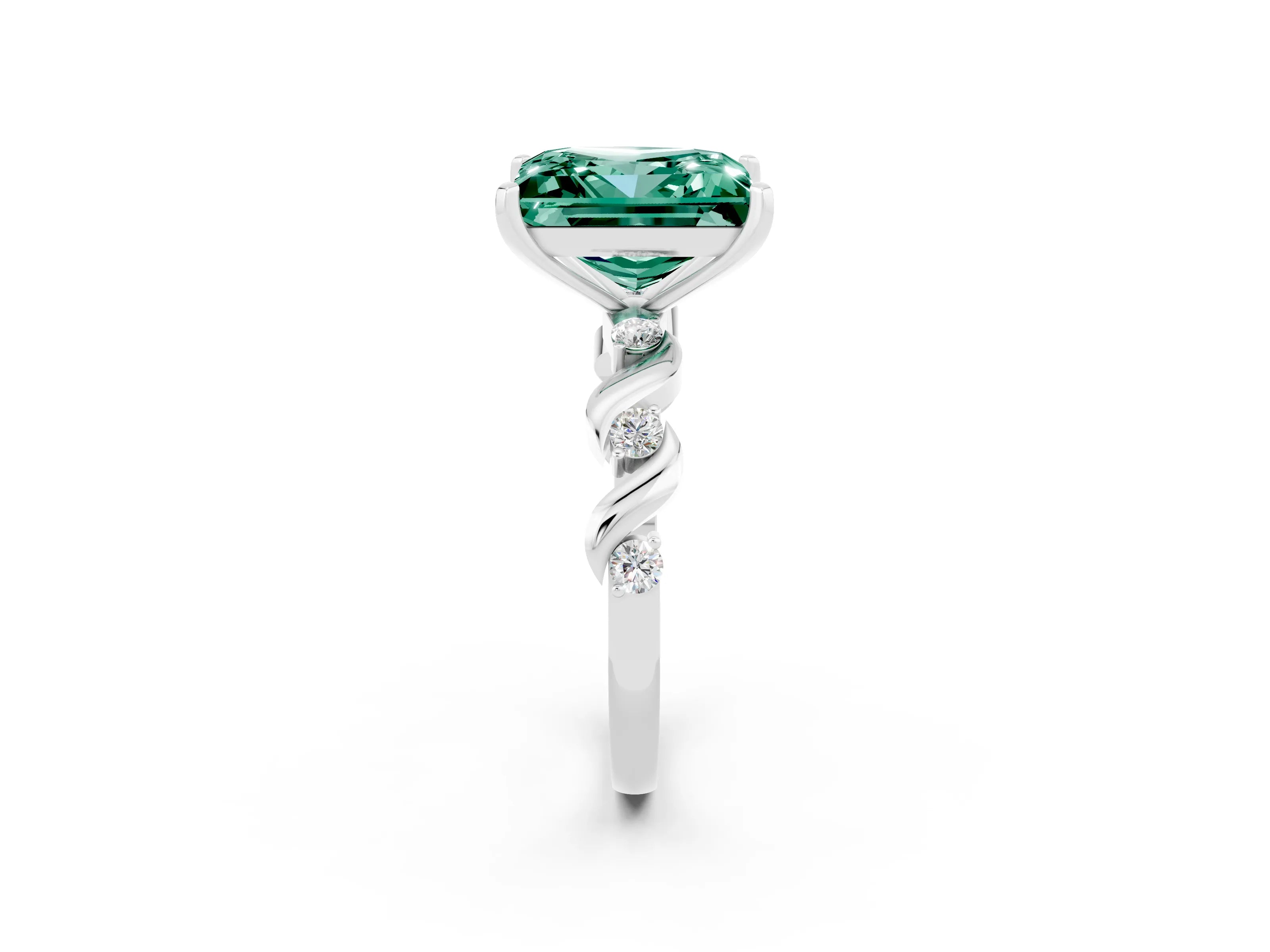 White gold Princess Cut Green Sapphire Solitaire Twisted Band with Round  Accents and Prong Setting_14