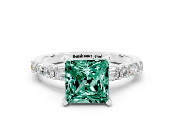 Platinum Princess Cut Green Sapphire Solitaire with Side Baguettes and Channel Set Band