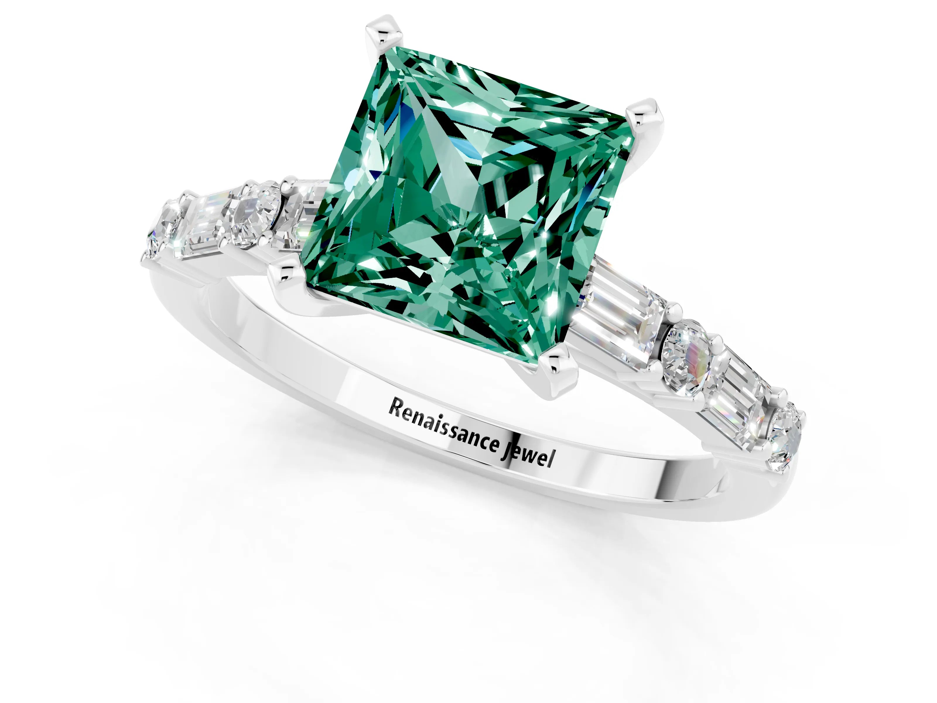 White gold Princess Cut Green Sapphire Solitaire with Side Baguettes and Channel Set Band_1