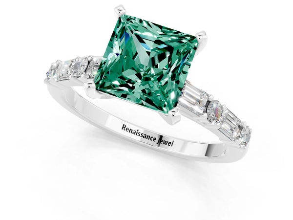 Platinum Princess Cut Green Sapphire Solitaire with Side Baguettes and Channel Set Band
