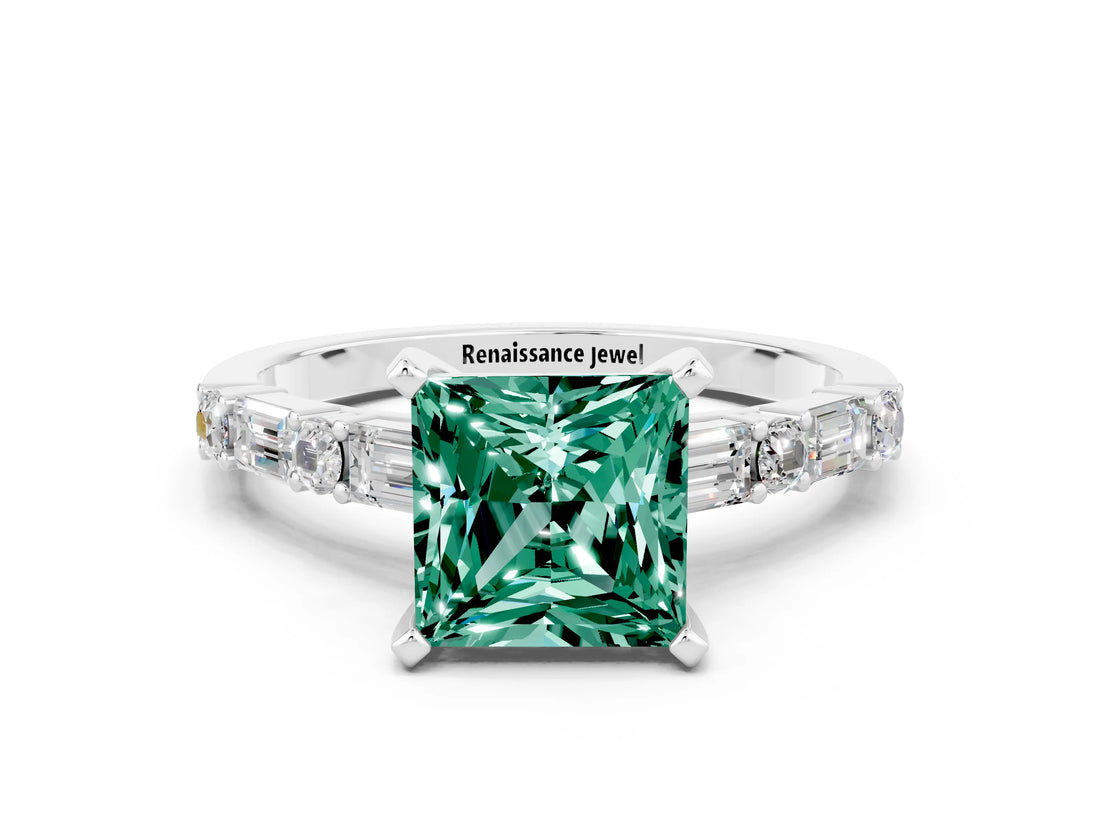 White gold Princess Cut Green Sapphire Solitaire with Side Baguettes and Channel Set Band