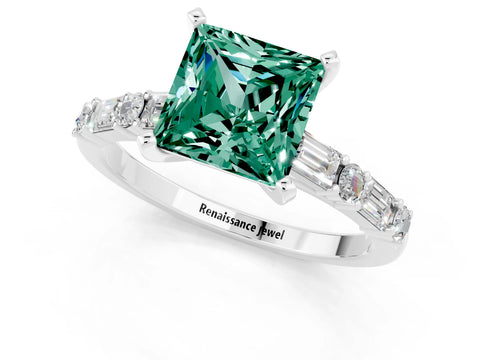 White gold Princess Cut Green Sapphire Solitaire with Side Baguettes and Channel Set Band_1