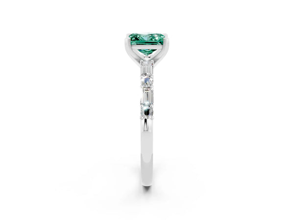 Silver Princess Cut Green Sapphire Solitaire with Side Baguettes and Channel Set Band