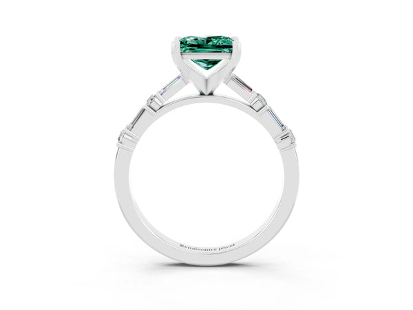 Platinum Princess Cut Green Sapphire Solitaire with Side Baguettes and Channel Set Band