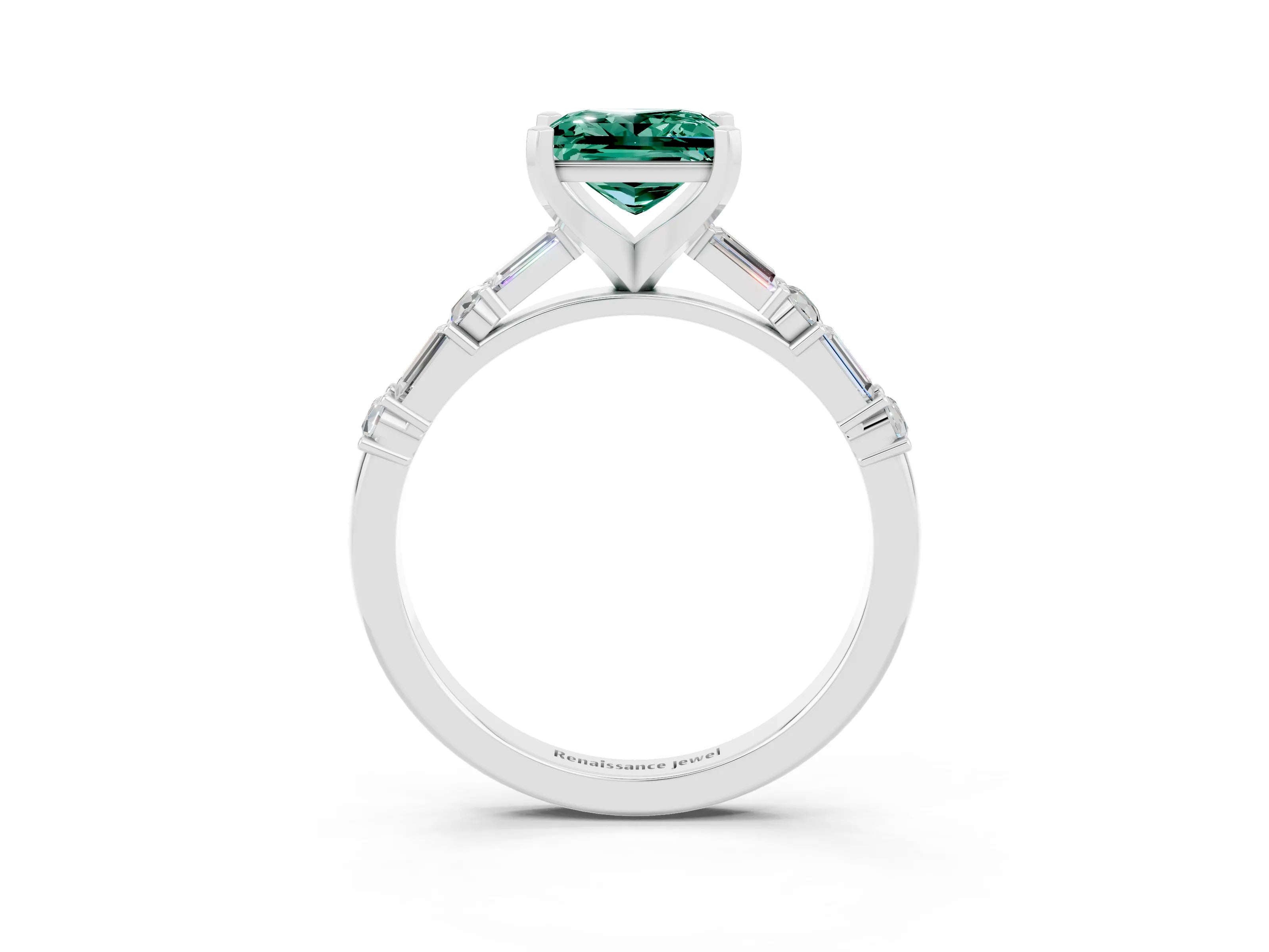 White gold Princess Cut Green Sapphire Solitaire with Side Baguettes and Channel Set Band_3