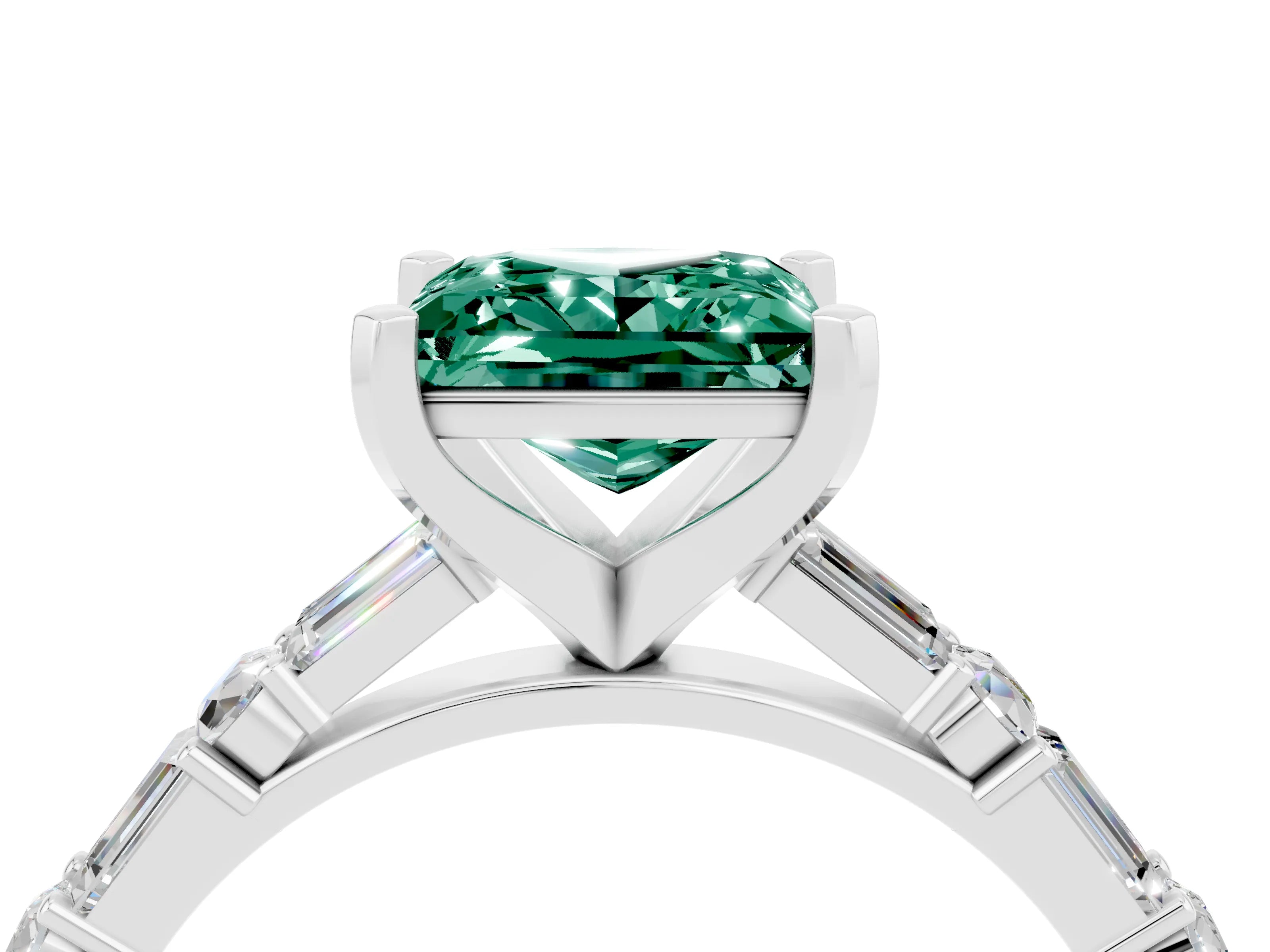 White gold Princess Cut Green Sapphire Solitaire with Side Baguettes and Channel Set Band_4