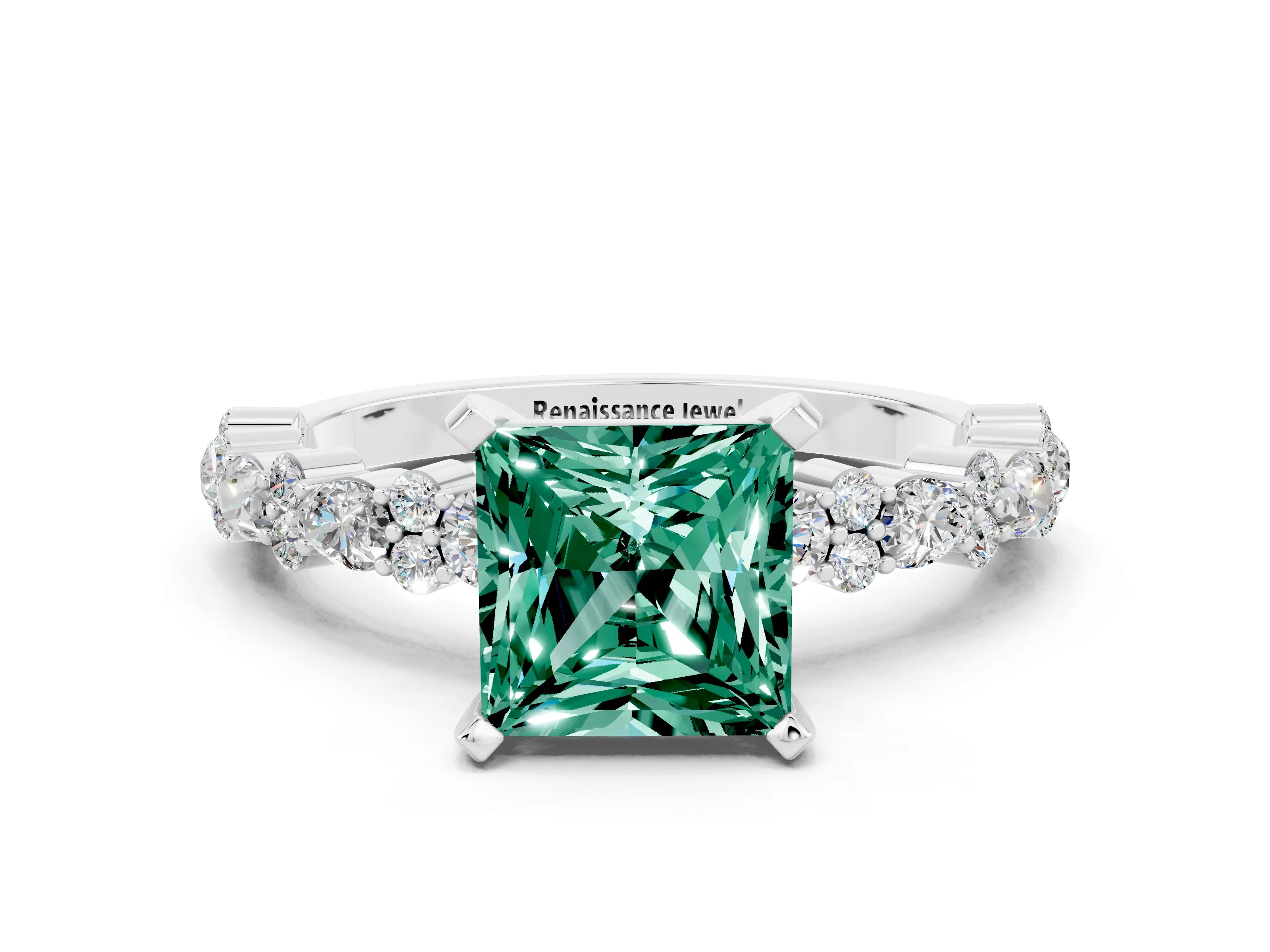 White gold Princess Cut Green Sapphire Solitaire with Side Stones, Pave Band, Four-Prong Setting_12