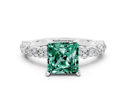 White gold Princess Cut Green Sapphire Solitaire with Side Stones, Pave Band, Four-Prong Setting_12