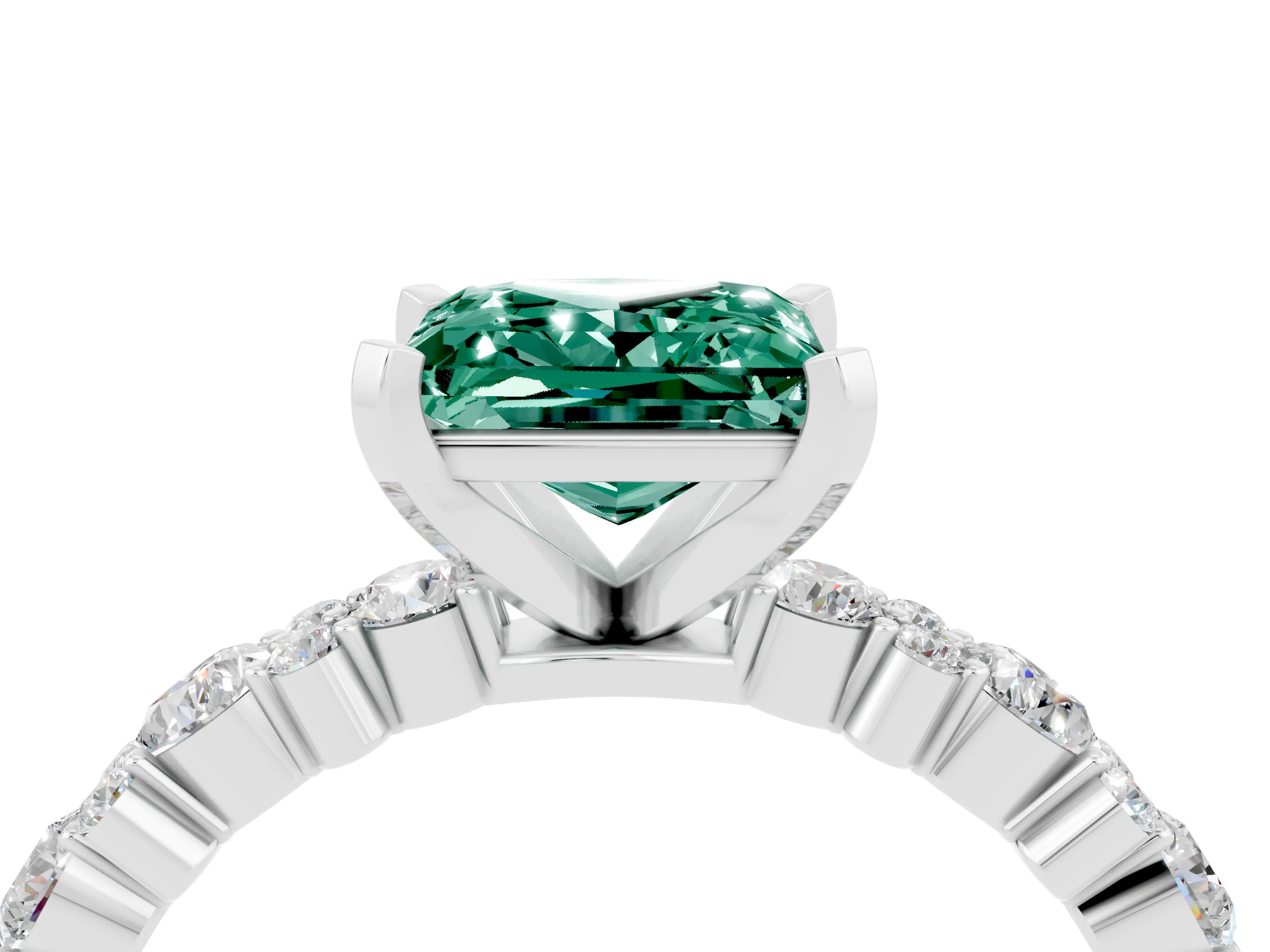 White gold Princess Cut Green Sapphire Solitaire with Side Stones, Pave Band, Four-Prong Setting_16