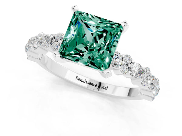 White gold Princess Cut Green Sapphire Side Stone Solitaire Ring with Round  and Four-Prong Setting