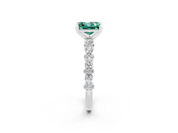 White gold Princess Cut Green Sapphire Side Stone Solitaire Ring with Round  and Four-Prong Setting