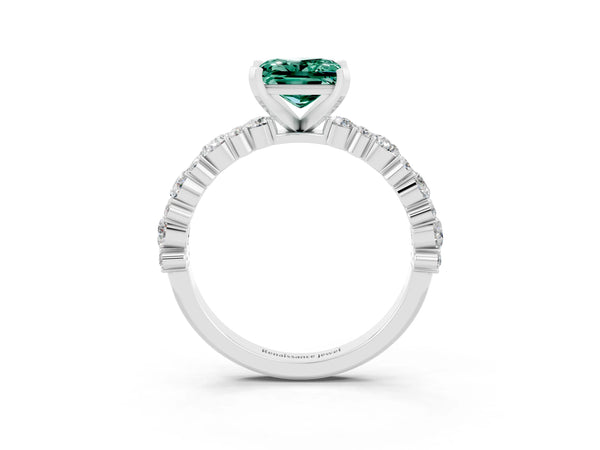 Silver Princess Cut Green Sapphire Side Stone Solitaire Ring with Round  and Four-Prong Setting