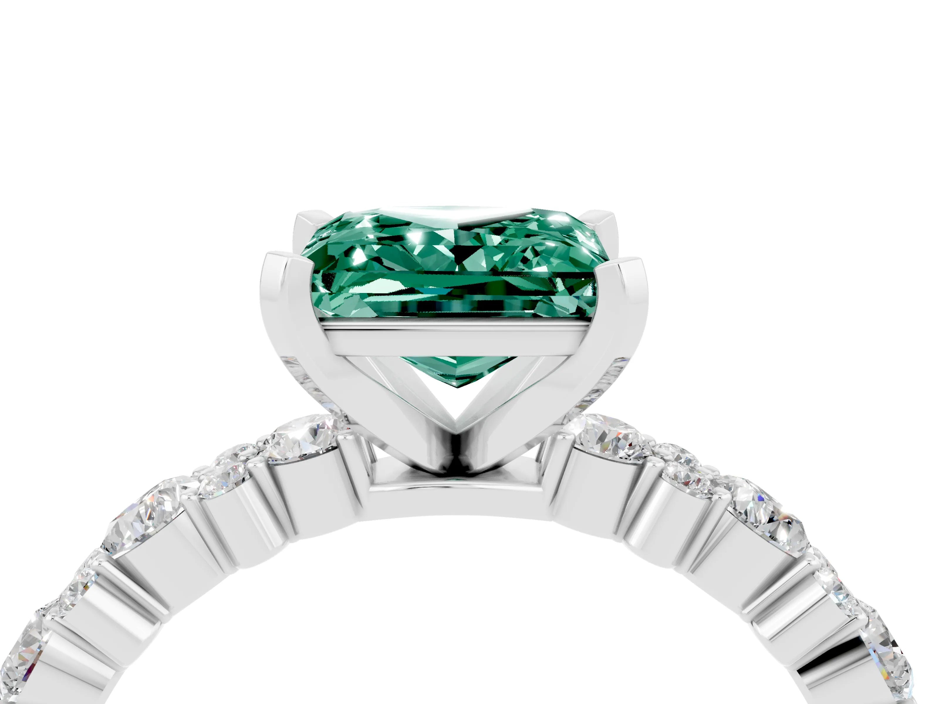 White gold Princess Cut Green Sapphire Solitaire with Side Stones, Pave Band, Four-Prong Setting_46