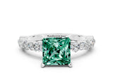 White gold Princess Cut Green Sapphire Solitaire with Side Stones, Pave Band, Four-Prong Setting_47