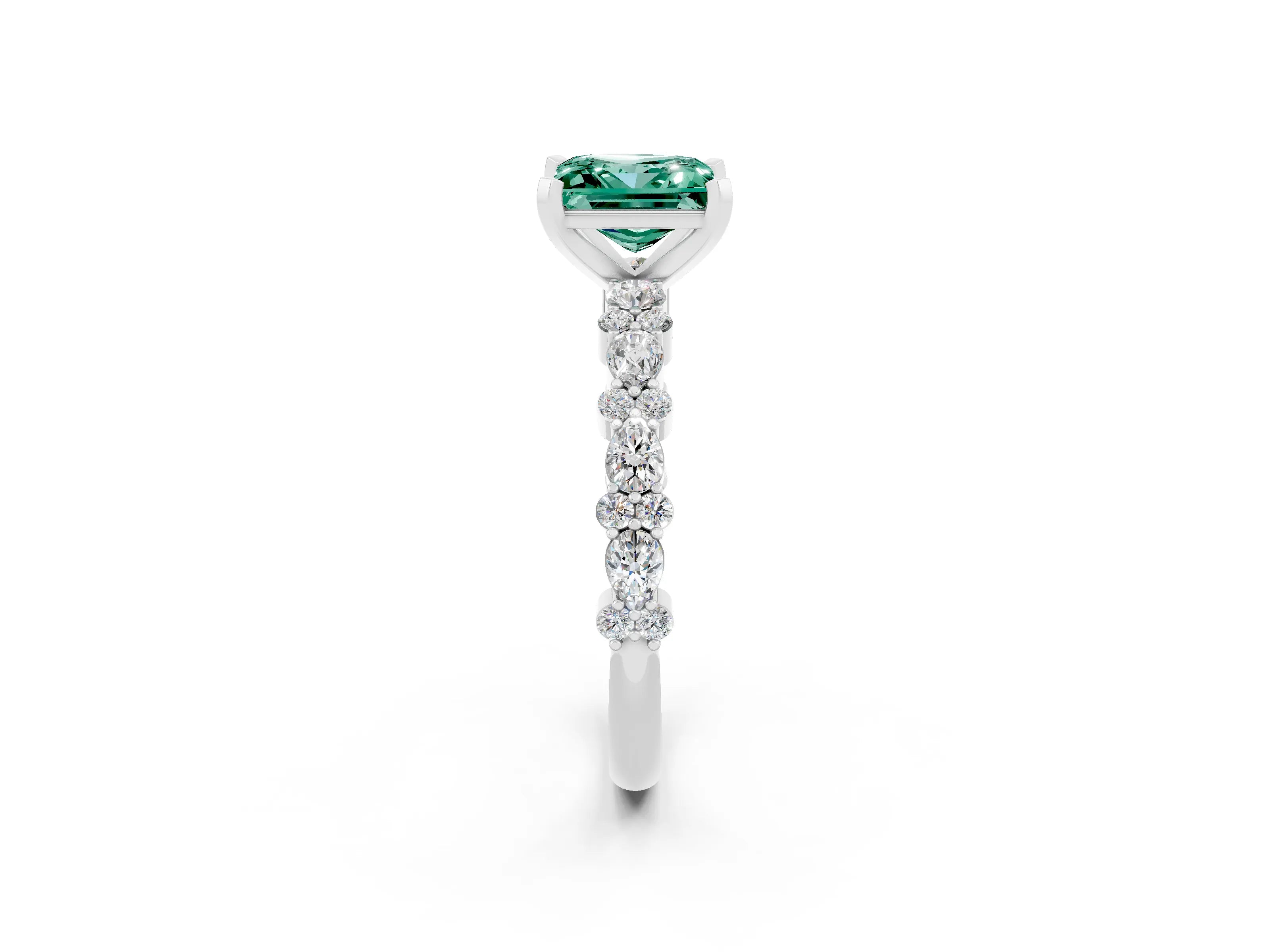White gold Princess Cut Green Sapphire Solitaire with Side Stones, Pave Band, Four-Prong Setting_49