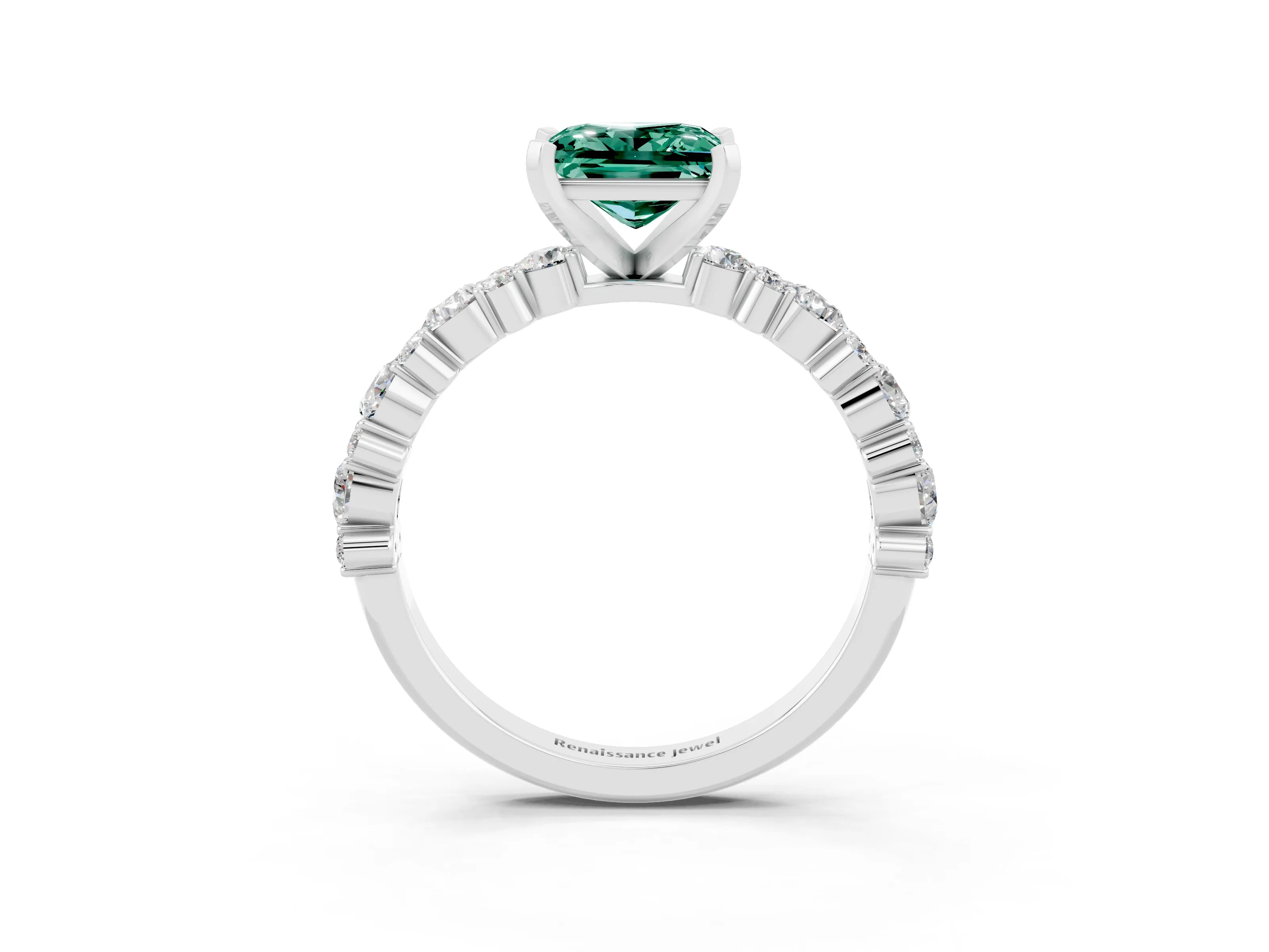White gold Princess Cut Green Sapphire Solitaire with Side Stones, Pave Band, Four-Prong Setting_50