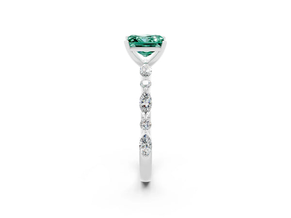 Silver Princess Cut Green Sapphire Ring with Marquise and Round  Side Stones and Four-Prong Setting
