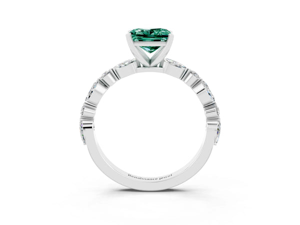 White gold Princess Cut Green Sapphire Ring with Marquise and Round  Side Stones and Four-Prong Setting