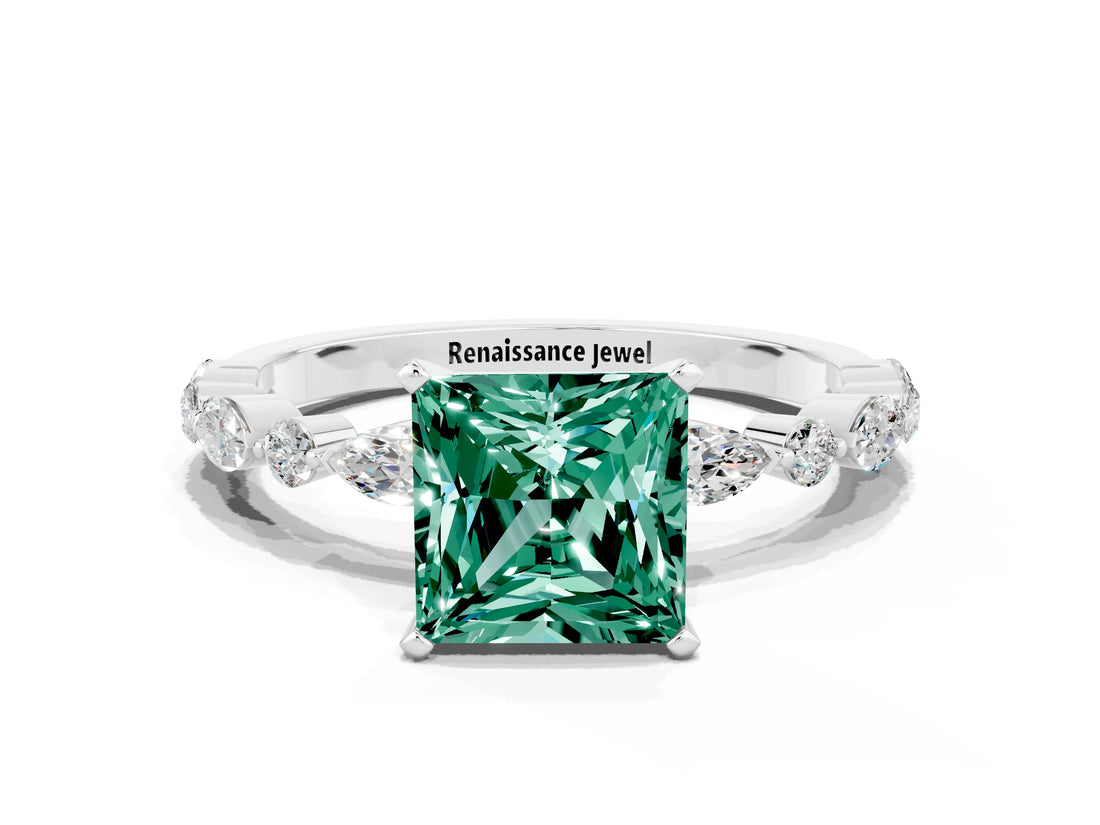 White gold Princess Cut Green Sapphire Solitaire with Side Stones on a Pavé Band and Four-Prong Setting